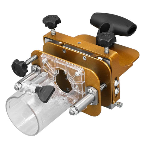 Rock Solid Stainless Steel Router Mortising Jig Acting As A Slick Woodworking Slotting Positioner with clear dust collection attachment.