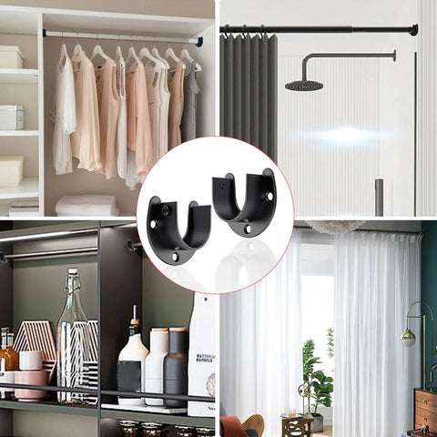 Built Tough Black Closet Rod Brackets 6 Pack Wall Mount Pole Holders For 1 1 4 Inch Curtain Poles shown on various setups.