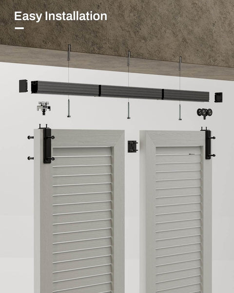 Box Rail Hardware For Bifold Sliding Barn Doors, Ceiling Mount Aluminum Alloy Track Kit For Two Doors visible during installation
