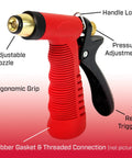 Red and black adjustable cone tip garden hose nozzle with rear trigger grip and standard thread connection, ergonomic design