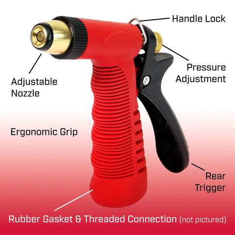 Red and black adjustable cone tip garden hose nozzle with rear trigger grip and standard thread connection, ergonomic design