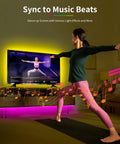 Woman doing yoga with 65 Inch TV Backlight Kit With RGBW LED Strips, 15ft Total For 60 to 72 Inch Screens, USB WiFi Smart Bias Lighting