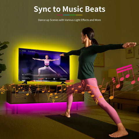 Woman doing yoga with 65 Inch TV Backlight Kit With RGBW LED Strips, 15ft Total For 60 to 72 Inch Screens, USB WiFi Smart Bias Lighting