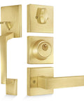 Brass Satin Front Door Lock Set With Single Cylinder Deadbolt And Door Lever, Reversible Square Handle For Entry Doors