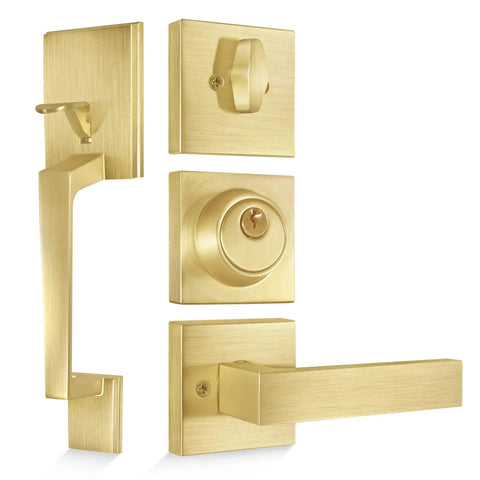 Brass Satin Front Door Lock Set With Single Cylinder Deadbolt And Door Lever, Reversible Square Handle For Entry Doors