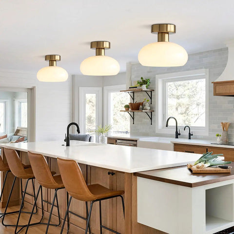 Mid Century Modern Bathroom Ceiling Light Small Black Milk Glass Drum Shade Semi Flush Mount in a contemporary kitchen setting