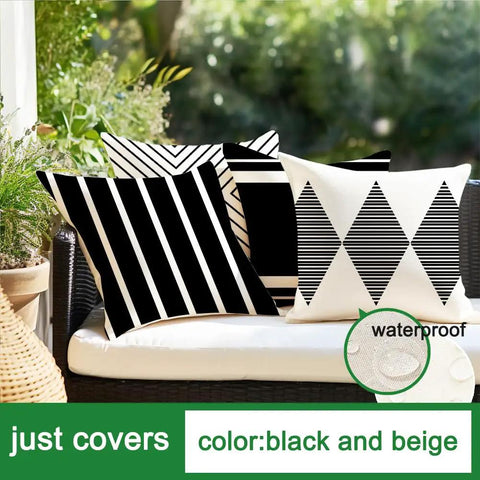 Outdoor Pillow Covers 20x20 Waterproof Sunbrella Fabric Black And Beige Boho Style Set Of 4 For Patio Furniture No Inserts Included