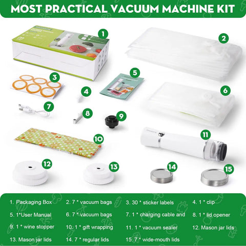 3-In-1 Vacuum Sealer for Food Compatible With Vacuum Bags Mason Jars and Wine Bottles Handheld Kit components layout