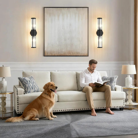 Living room with Dope Nineteen Point Sixty Nine Inch Modern Bathroom Wall Sconce Light Fixture Black Glass Rod Vanity Light.