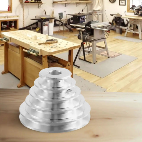 Sturdy Aluminum Pagoda Pulley For Benchtop Drill Press 14Mm And 22Mm V-Belt Drive displayed in a workshop setting.