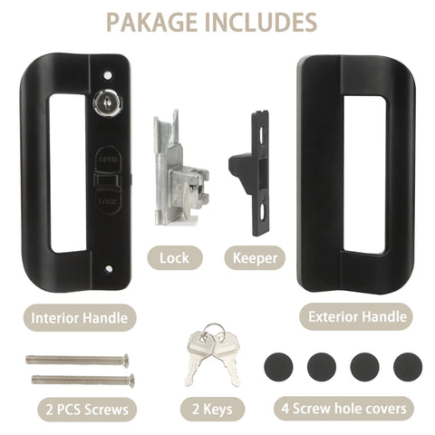 Full Replacement Sliding Door Handle Set For Five And Five Eighths Inch Hole Spacing With Mortise Lock And Key Front And Back Side Black Finish