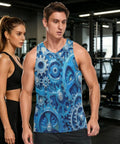 Sick Pattern Mens Hella Breathable Mesh Tank Top With Secure Hidden Pocket And Bold Blue Gears Design on a muscular man in gym.