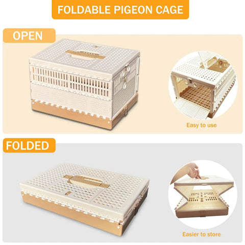 Folding Bird Cage For Pigeons And Small Pets Portable Travel Training Cage in open and folded positions, durable ABS plastic.