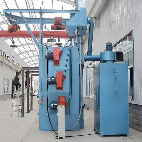 Hook Type Shot Blasting Machine For Agricultural Parts in a factory setting, designed for heavy duty deburring and rust removal.
