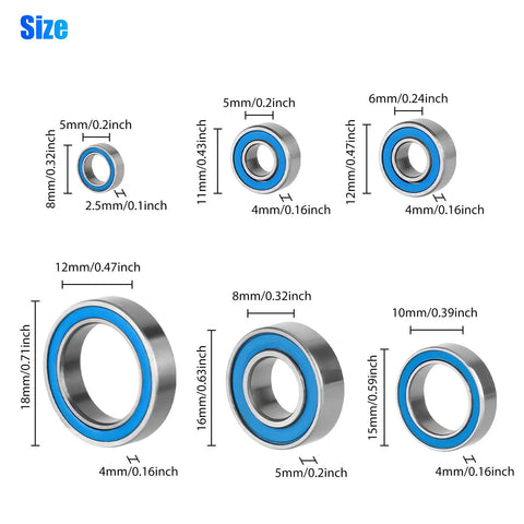 Image showing various sizes of the 21Pcs RC Bearing Kit Steel Sealed Ball Bearings for 1x10 Traxxas models.