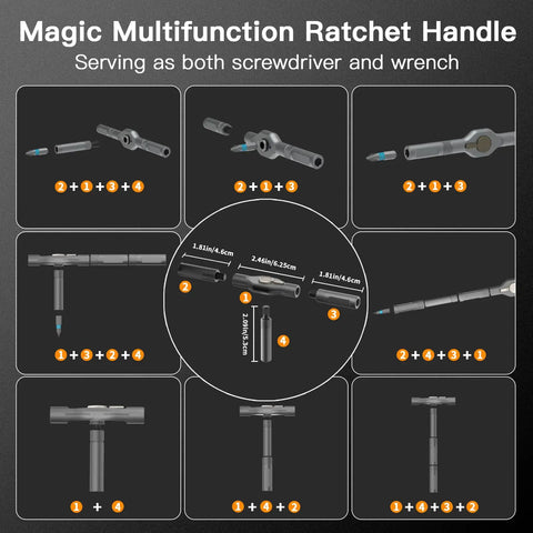 Diagram of 42 In 1 Magnetic Screwdriver Set With Ratchet Handle And Detachable Bits showing multi bit configurations.