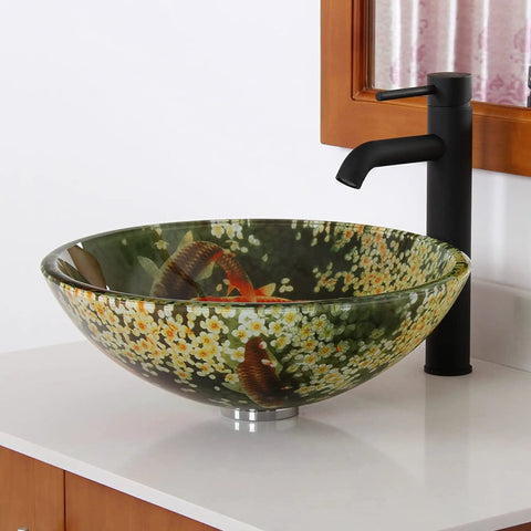 Koi And Lily Pond Glass Vessel Sink With Tempered Glass, 16.5 Inch Diameter By 5.75 Inch High, European Design Bathroom Upgrade