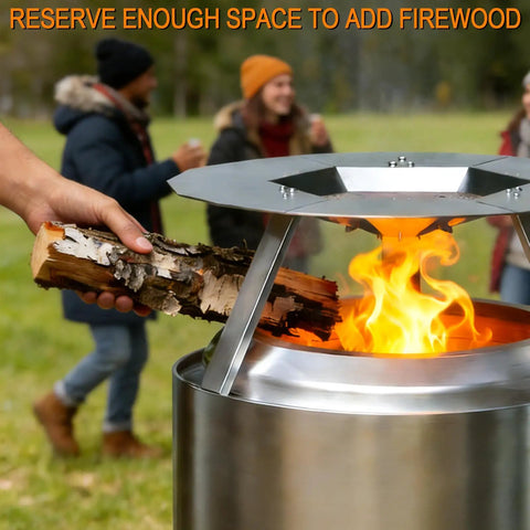 Heat Deflector For 19.5 Inch Bonfire Fire Pit With Stainless Steel Diffuser And Easy Grip Handles in use at a campfire