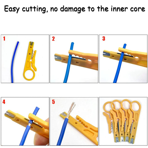 Step-by-step use of 6 Piece Mini Wire Stripper Set With Sharp Blades For RJ45 Cat5 Cat6 Cables, showing precise cable stripping.