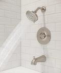 Weller Single Handle Tub And Shower Faucet Set With Multi Function Shower Head And Tub Spout Brushed Nickel Finish Five Spray Modes