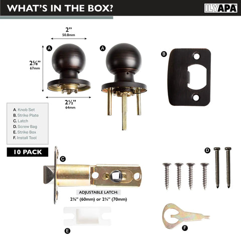 Oil Rubbed Bronze Interior Passage Door Knobs 10 Pack Ball Style Non Locking with mounting hardware and instructions