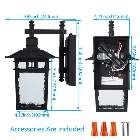Outdoor Dusk-To-Dawn Wall Light With E26 Base, Waterproof Anti-Rust Exterior Fixture, Water Ripple Glass Shade For Porch Garage Doorway, UL Listed Black, No-Fuss Auto On At Night, Pack Of 2, side and back view with dimensions and accessories