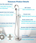 Diagram showing Pro Grade Floor Mount Tub Filler Freestanding Bathtub Faucet With Brushed Nickel Finish Brass Mixer Tap Handheld Shower Swivel Spout 360 Degree Rotation Durable Tub Filler For Modern Bathrooms with labeled features like brass hand sprayer and 360° swivel spout.