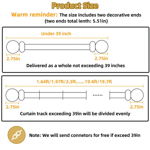 Heavy Duty Dual Curtain Rod System With Wall Mount Track And Aluminum Alloy Brackets, decorative finial size chart, under 39 inch
