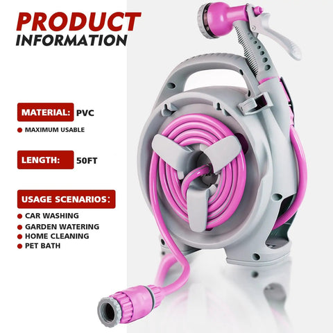 Portable Hose Reel For Outdoor Use, 50Ft Garden Hose Reel With Six Pattern Spray Nozzle, Lightweight, No Tangle Or Kink, Pink