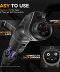 Tesla To SAE J1772 EV Charging Adapter Black 48A 250V AC showing connector with anti-drop lock and compatibility labels.