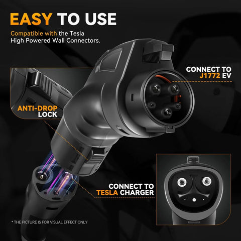 Tesla To SAE J1772 EV Charging Adapter Black 48A 250V AC showing connector with anti-drop lock and compatibility labels.