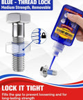 Medium strength blue thread locker bottle demonstrating secure fastening for nuts and bolts, preventing loosening from vibration.