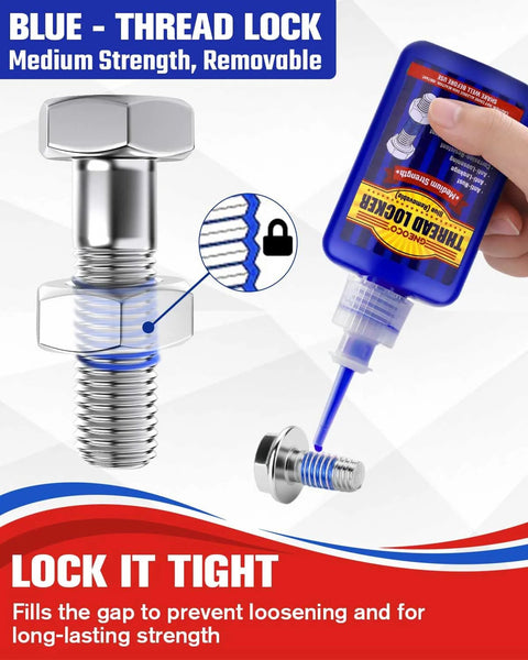 Medium strength blue thread locker bottle demonstrating secure fastening for nuts and bolts, preventing loosening from vibration.