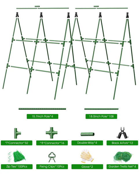 Two Pack A Frame Cucumber Trellis Garden Trellis For Climbing Plants Outdoor Raised Bed Plant Grow Support For Tomato Squash Vegetable And Flower 33 By 47 Inches Each showing assembly parts and accessories.