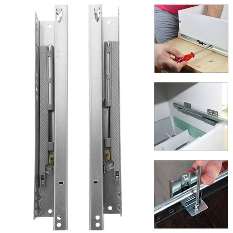 Two Section Drawer Runner Slides With Silent Damping Buffer For Cabinet Drawers, full extension, bottom mount steel rails.