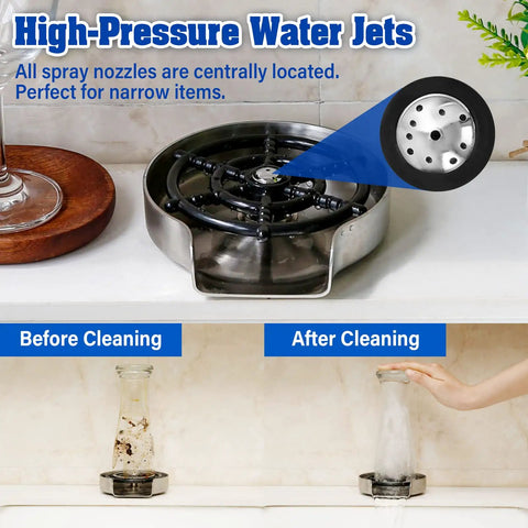 Glass Rinser And Bottle Washer For Kitchen Sink With Ten Orifice Water Outlet No Fuss Cup Cleaner showing before and after use