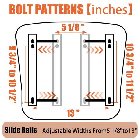 Diagram of Universal Forklift And Tractor Seat With Micro Switch bolt patterns and slider adjustments, 5 1/8" to 13"