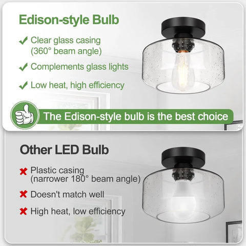 Comparison of Edison-style and other LED bulbs for Industrial Semi Flush Mount Ceiling Light with Seeded Glass Shade