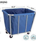 Straight Up Heavy Duty Stainless Steel Rolling Laundry Cart with blue fabric, 10 bushel capacity, smooth glide wheels, 260 lbs limit.