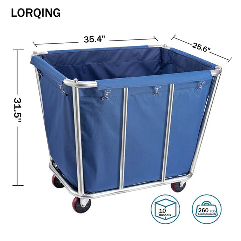 Straight Up Heavy Duty Stainless Steel Rolling Laundry Cart with blue fabric, 10 bushel capacity, smooth glide wheels, 260 lbs limit.