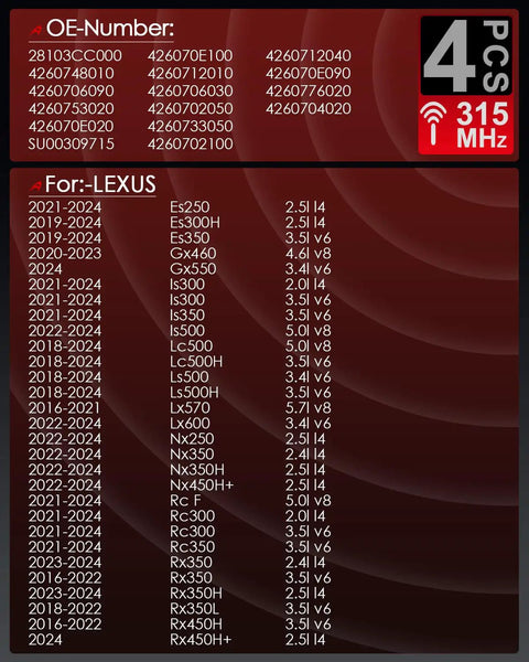 List of OE numbers and compatible Lexus models for Preprogrammed 315Mhz Tpms Tire Pressure Monitor Sensor.