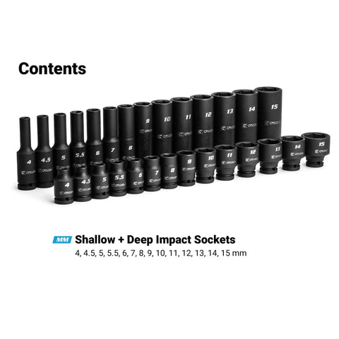 Quarter Inch Drive Master Impact Socket Set With Shallow And Deep Sockets Metric Sizes 4 To 15 mm Premium Chrome Moly Steel