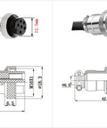 Diagram of GX16 3 Pin Aviation Connector Cable with 6.56 Feet Length Male to Female Extension Cord and dimensions