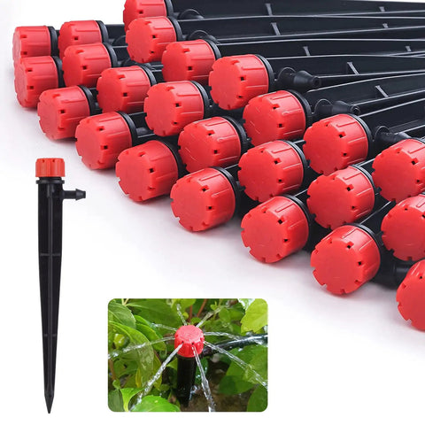 Fifty Pack One Quarter Inch Drip Emitter Set For Garden Irrigation With Adjustable 360 Degree Spray And Eight Hole Flow