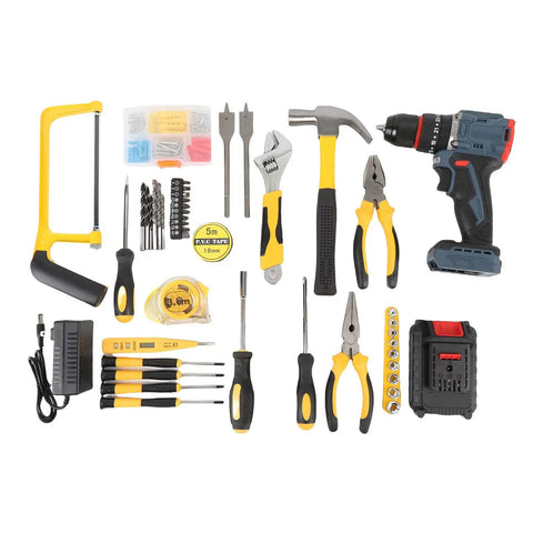 Pro Level Cordless Drill Power Tool Set With Slick Variable Speed Trigger And 25 Heavy Duty Bits on a workbench with assorted tools.