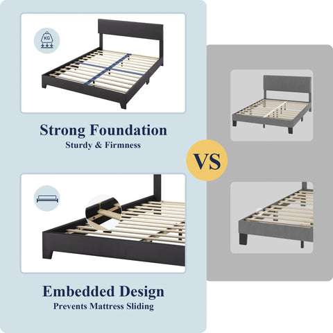 Queen Size Faux Leather Bed Frame With Adjustable Headboard In Sleek Black showing strong foundation and embedded design for mattress stability.