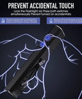 Illustration showing lock feature of Rechargeable EDC Flashlight Tiny But Mighty Slim Flat Pocket Light With Magnetic Base 1650 Lumen