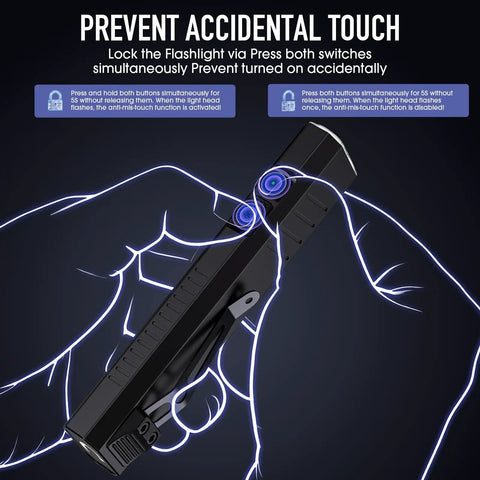 Illustration showing lock feature of Rechargeable EDC Flashlight Tiny But Mighty Slim Flat Pocket Light With Magnetic Base 1650 Lumen
