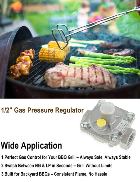 1/2 inch gas pressure regulator with yellow knob and silver body shown on a barbecue grill with steak, corn, and asparagus.