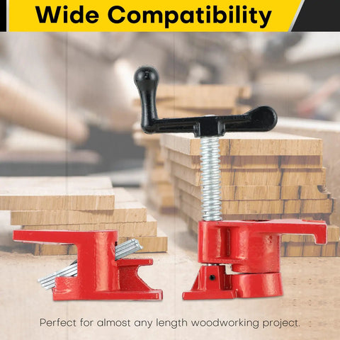Beefy Heavy Duty Three Quarters Inch Pipe Clamp Set For Woodworking Cast Iron Build With Black Oxide Threads And Durable Baking Varnish Finish For Superior Glue Jobs, red cast iron pipe clamp holding wood boards